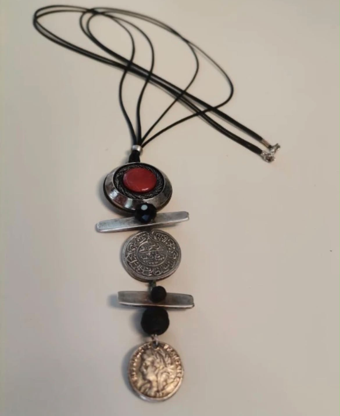 Radici – Boho Handmade Multi-Pendant Necklace with Coins and Red Stone